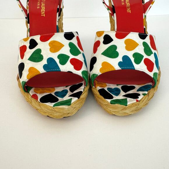 Saint Laurent Paloma Heart-Print Wedge Wicker Espadrilles Sandals 38.5 (US 8.5) - Picture 4 of 16